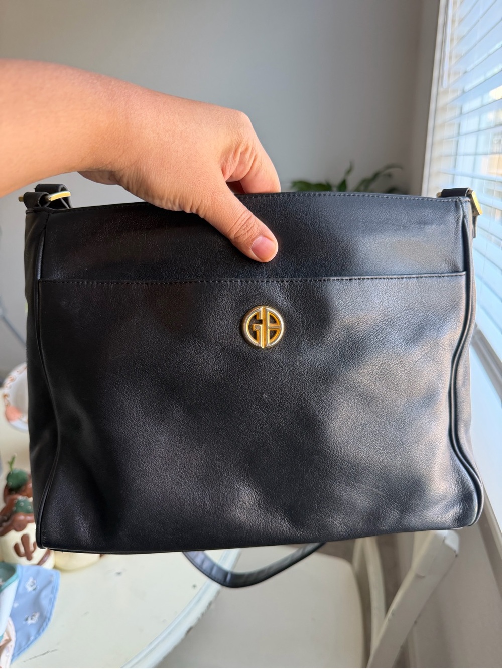 Giani Bernini Black Leather Shoulder Bag with Gold Logo Emblem